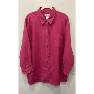 Real Comfort Women's Pink Linen Button Up Long Sleeve 1XL Shirt Lagenlook Boho